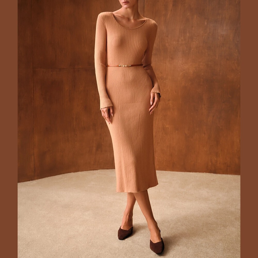 Tan Ribbed Knit Long Sleeve Midi Sweater Dress